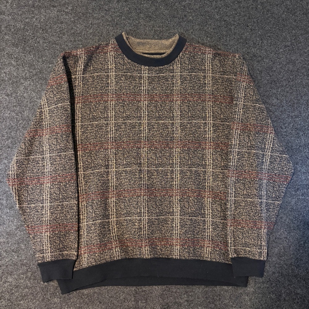 Knights Sportswear Mens Large Brown Plaid Crewneck Pullover Vintage Sweater